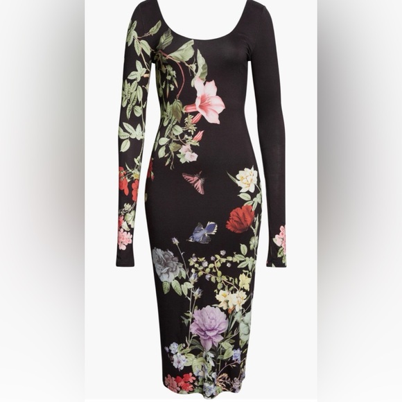 Alice + Olivia Delora scoop neck long sleeve floral  midi dress thumb holes 10 - Picture 8 of 13